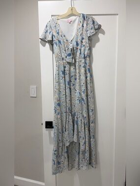 Pink Lily Floral Tie-Front Maxi Dress in Blue and Cream